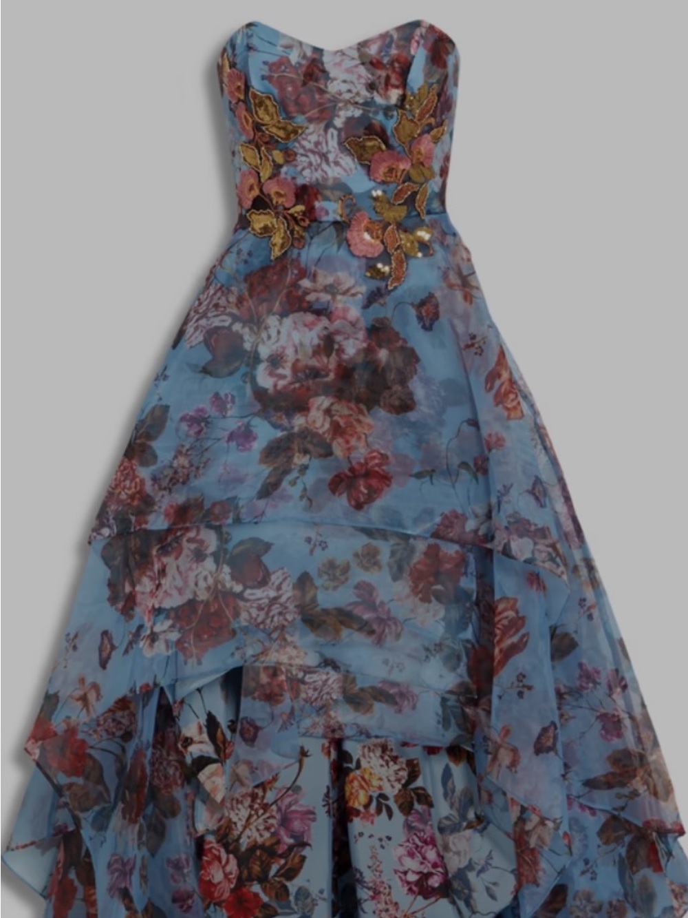 Blue Floral Strapless High-Low Dress with Embroidered Accents